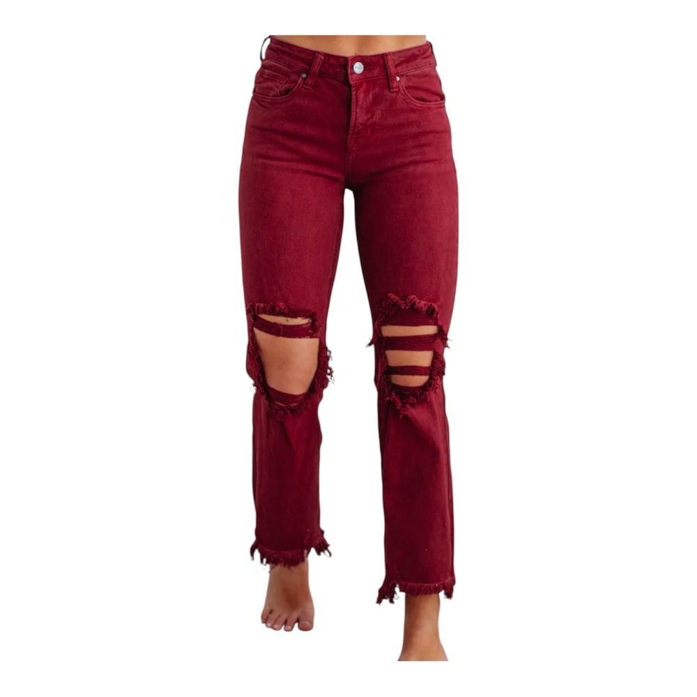 Risen-Women's Distressed cropped Burgundy Jeans